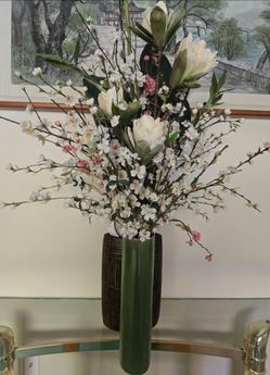 Premium Faux Magnolia & Cherry Blossom Arrangement with Ceramic green Vase