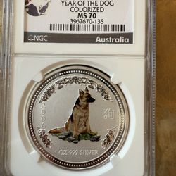 2006 NGC MS70 AUSTRALIA YEAR OF THE DOG COLORIZED 1oz SILVER COIN 