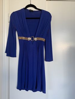 Royal Blue Sky V-neck dress w/ gold and diamond Tiger embellished waistband sz S