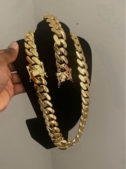 Set Chain & Bracelet 20mm Miami Cuban Link Yellow Gold Plated Chain Necklace 18k & 14k 22inch 24inch 20inch 18inch 7inch 8inch