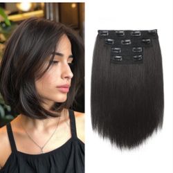 NTYNTY Hair Extensions, 10" Short Clip in Hair Extensions 4PCS Straight Natural Soft Synthetic Hairpiece for Women-Black Brown