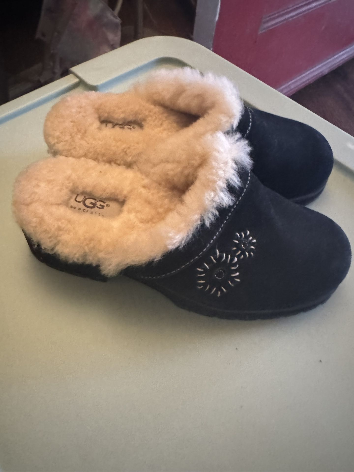 New!!!UGG Australia black suede fur-lined clog shoes