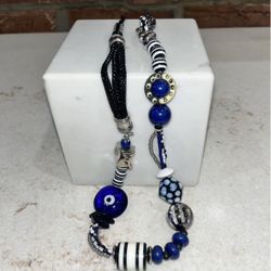 Vintage Treska Necklace Boho Ceramic & Glass Beads Blues White Black