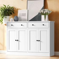 49" White Buffet Cabinet with Doors & Drawers, Modern Kitchen Storage Sideboard, Coffee Bar Console for Dining Room, Living Room, Entryway