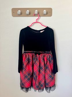 Cat & Jack Girls S 6/6X Black Velvet Red Plaid Christmas Holiday Dress Long Sleeve