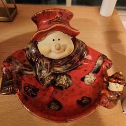 Rustic Farmhouse Snowman Trinket Dish Ceramic Ring Dish 5”


