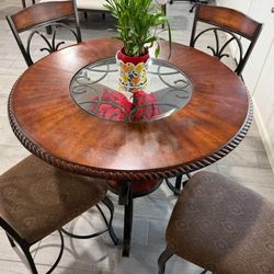 Round Dining Table Set – Wood & Glass – 4 Chairs