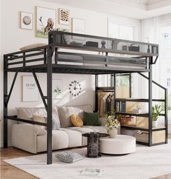 🔥🔥Queen Size Loft Bed with Stairs, Storage, Bedside Shelf, Large Under Bed Space, Sturdy