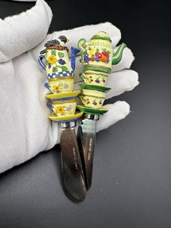 2pc Stainless Steel Butter Knives, Multicolor Resin Floral Bird Handles