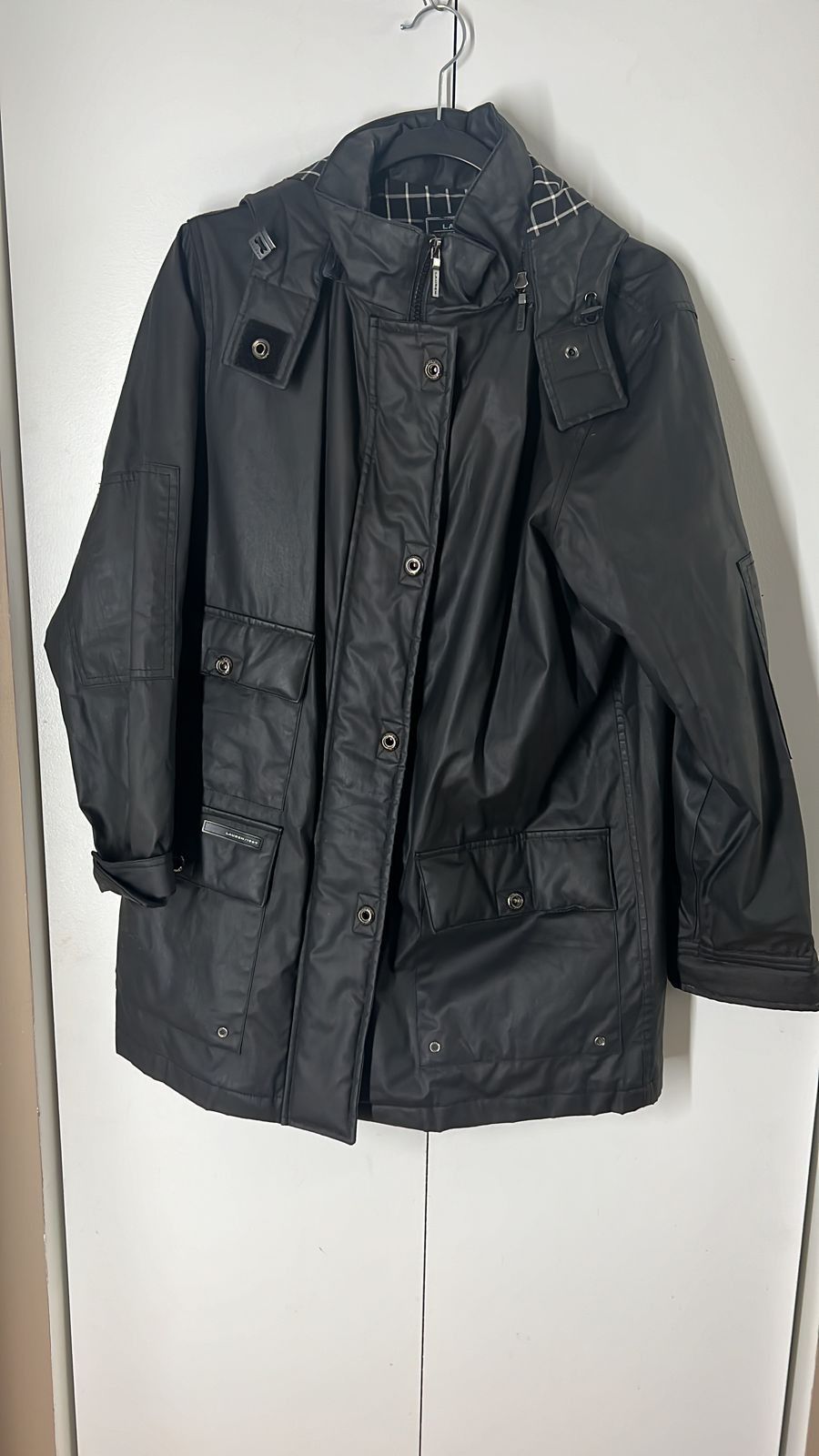 Lauren Ralph women's full zip-up black rain jacket removable hoodie size M