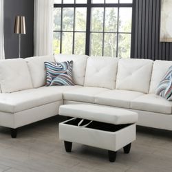 White Leather Sectional Couch And Ottoman