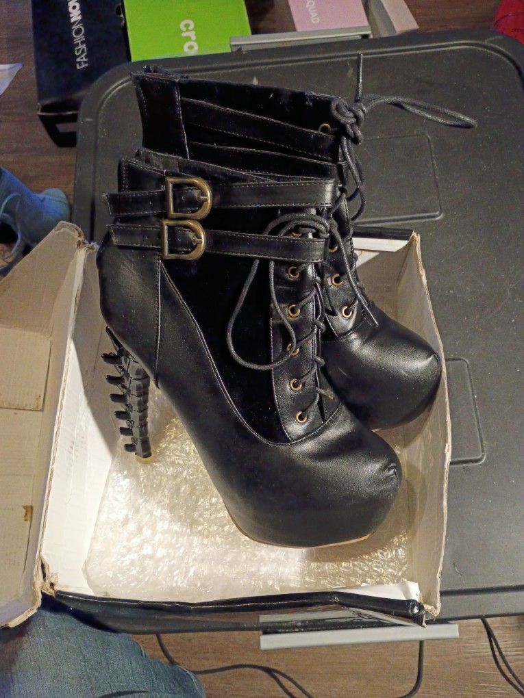 SHOW STORY LACE UP BUCKLE HIGH-TOP BONE HIGH HEEL PLATFORM ANKLE BOOTS