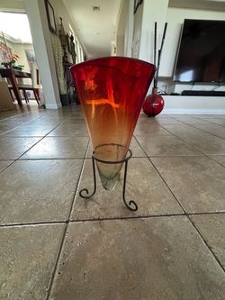 Large Art Glass Vase with Iron Stand