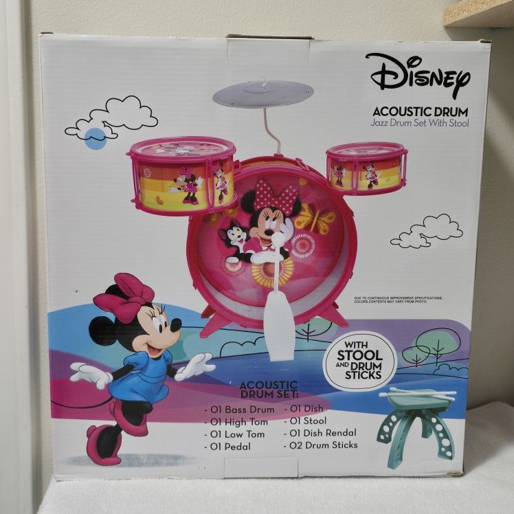 New Disney Minnie Mouse Junior Acoustic Jazz Drum Set With Stool