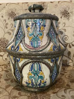 MOROCCAN CERAMIC COVERED JAR - WITH SILVER FILIGREE  OVERLAY - FULL HEIGHT 15