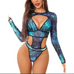 Rave Outfits for Women Festival Sexy Lingerie Bodysuit Buckle Shrug Crop Top Set