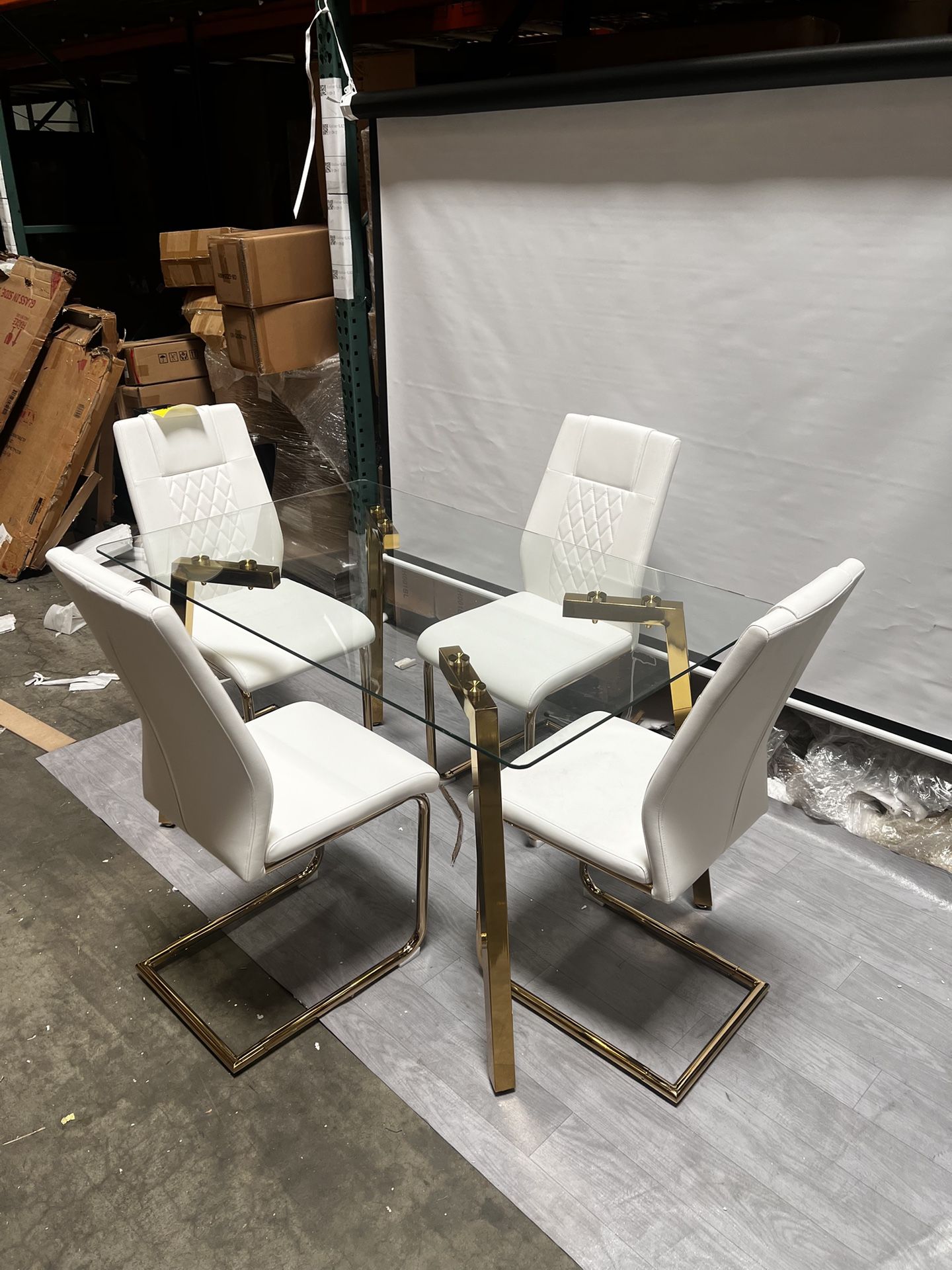 New assemble - Clear Glass Table Top with Golden Legs,51" and 4 Gold Metal Legs, High Back Kitchen Table Chairs White Faux Leather.