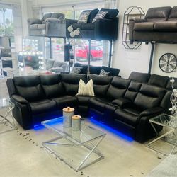 MANUAL RECLINING FAUX LEATHER SOFA SET  2  PC W SWITCHING COLOR  LED RED,BLUE OR WHITE)