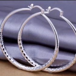 Large 925 Sterling Silver Diamond Cut Classic Hoop earrings 2.75”