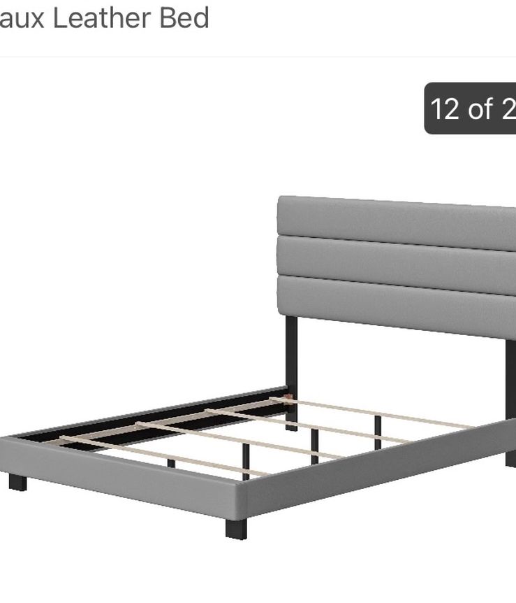New Grey Paux Leather Full Bed Frame