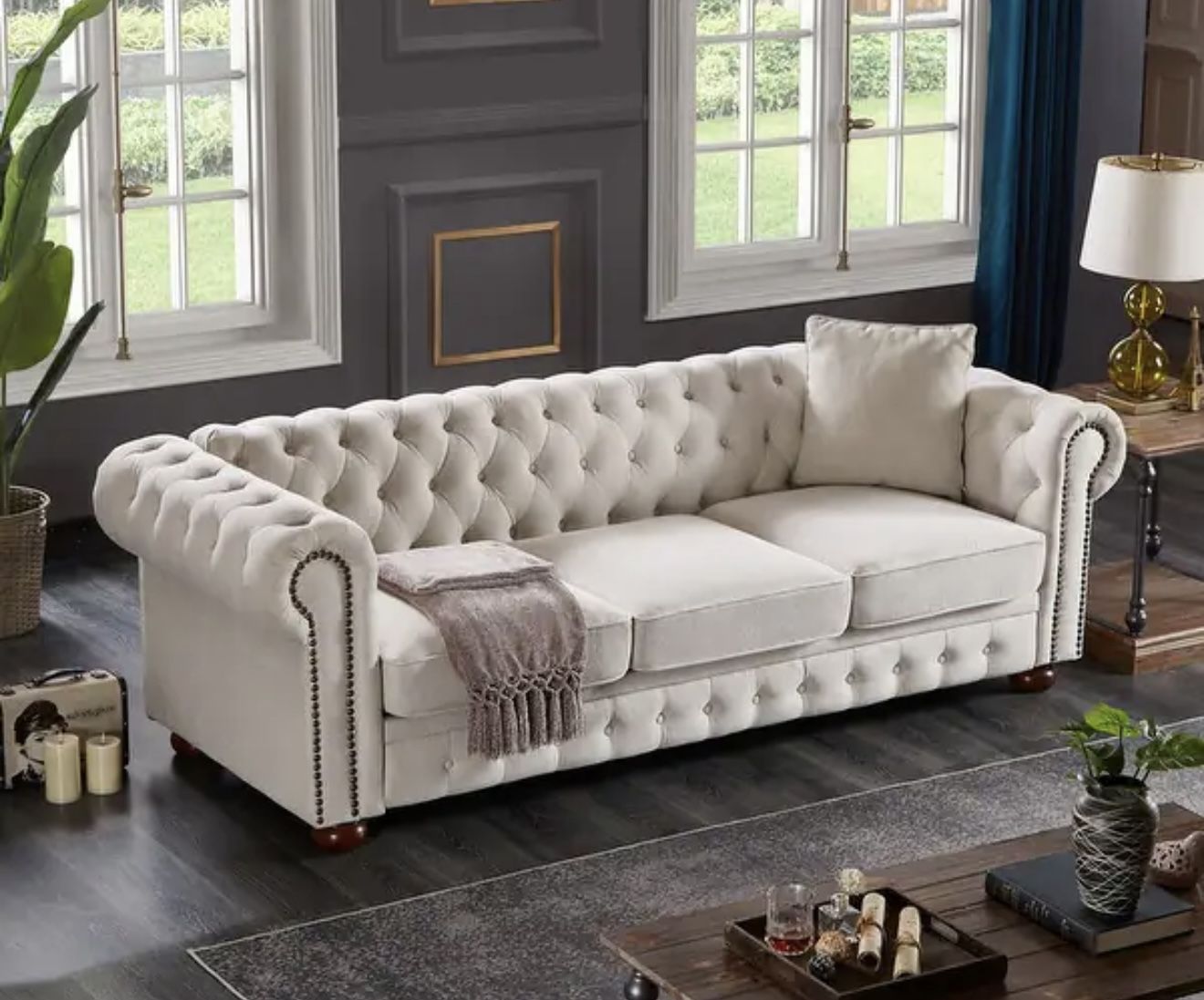 Elegant White Tufted Sofa + Leather Recliner – Like New