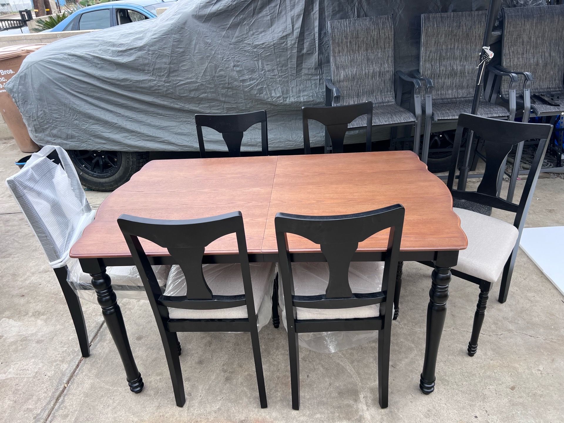 7-Piece Dining Table Set, Extendable Wood Dining Table with Removable Leaf, Kitchen Table Set with Upholstered Chair