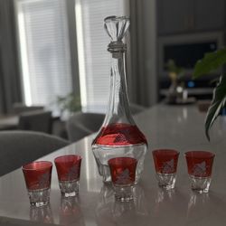 Vintage Ruby Red & Glass Decanter Set - 7 Piece