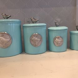 Lovely Set In Canisters - Spa Blue- Metal- Air Tight- 3 New And Unused - 1 Used For 2 Days 