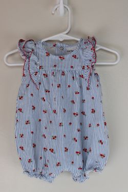 Carter’s Baby Girl Bubble Romper 3M Blue Stripe Floral Ruffle Sleeves Cotton