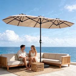 15Ft Large Outdoor Double-Sided Rectangle Umbrella with Base-Mounted, Foldable And Portable Sunshade For Pool, Beaches And Patio, Khaki