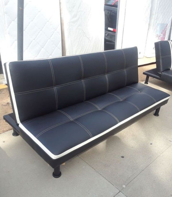 Brand New Black Leather Tufted Futon With White Trim