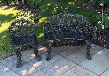 Black Wrought Iron Garden Loveseat and Matching Chair with Grapevine Pattern