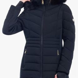 Michael Michael Kors Women's Black Chevron Faux Fur Hooded Coat