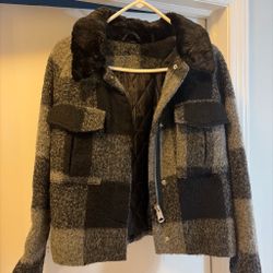 Plaid Wool Blend Jacket with Faux Fur Collar