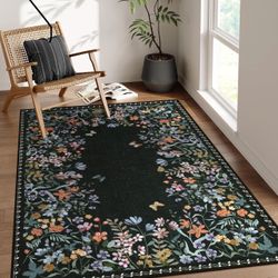 4x6’2Rug, Black Floral Print Area Rugs Black