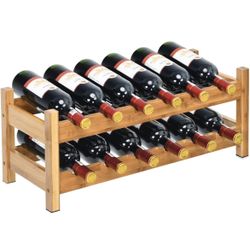 Wine Rack, Bamboo 12 Bottles 2-Tier Wine Display 