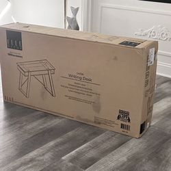 Elle Décor Lara 42”W Writing Desk, Cool Gray/Snow White