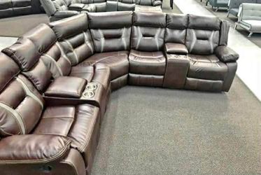 New Reclining Sectional.  Brown Or Grey Gel Leatherette.  106” X 106”.  Free Delivery!