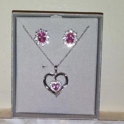 Sterling Silver And Diamond Earrings And Necklace Set