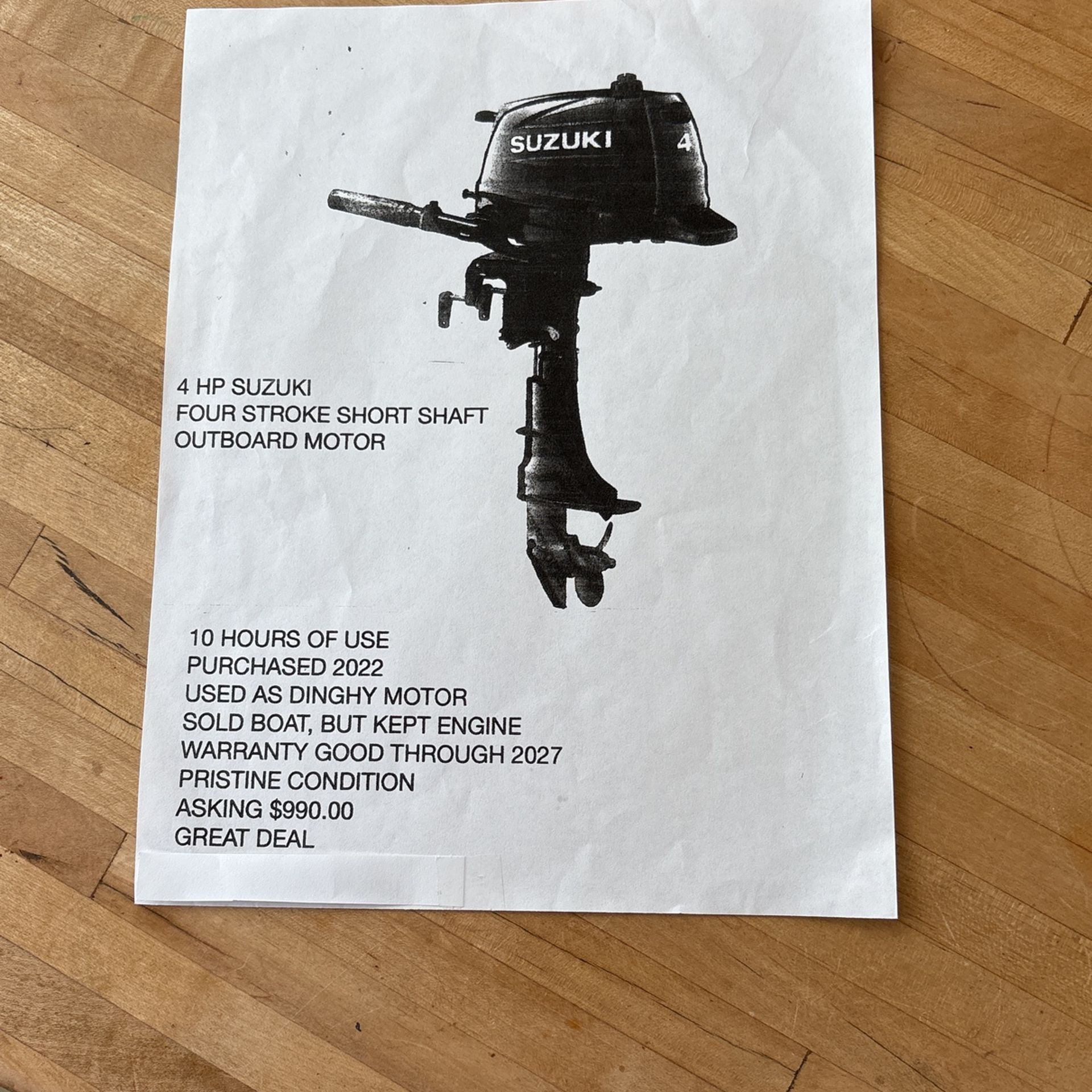 4 HP SUZUKI FOUR STROKE SHORT SHAFT OUTBOARD MOTOR