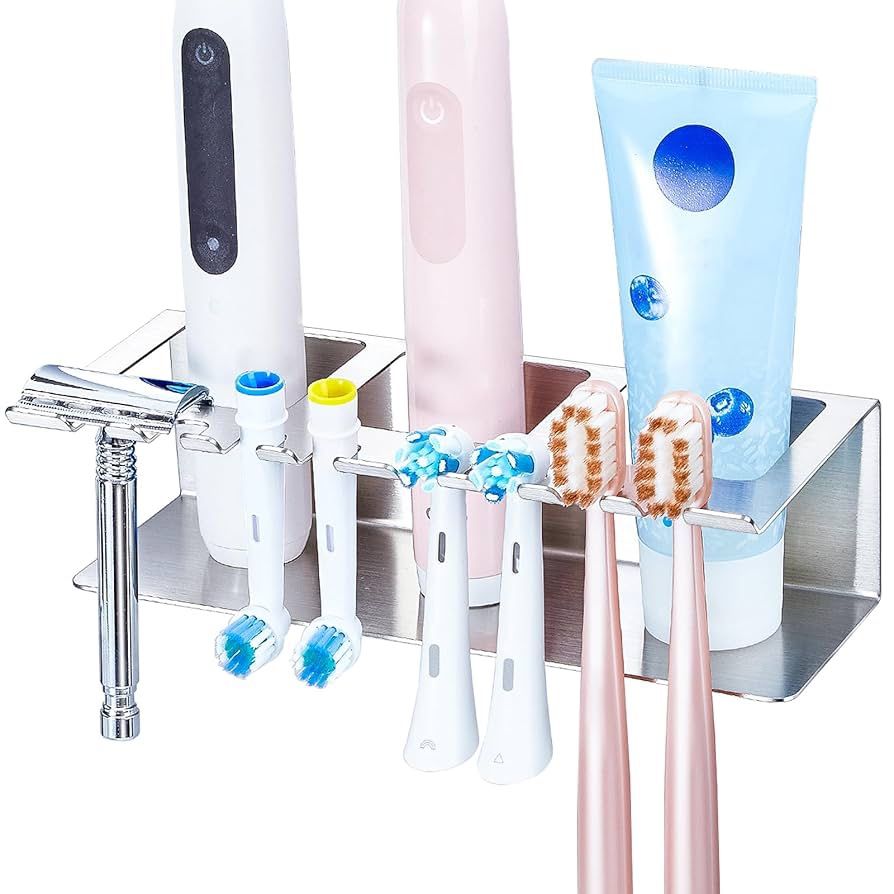 Oukimly Stainless Steel Toothbrush & Toothpaste Holder Wall Mount No Drilling