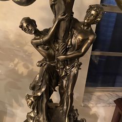 Two PiecesLamp , With Beautiful Two Figures,  Holding The Lights. This Is Entic  Golden Color. From Italy . Very Heavy Standing.. 