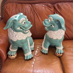 Ceramic Turquoise And Cream Pair Of Foo Dogs Japan