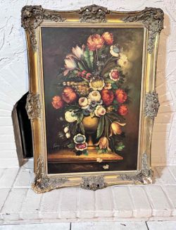 Vintage Floral Oil Painting Signed Pierry 30”Lx43.5”H