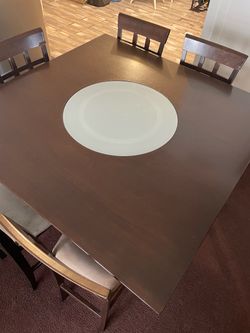 Dark Wood Dining Table with Lazy Susan and Chairs