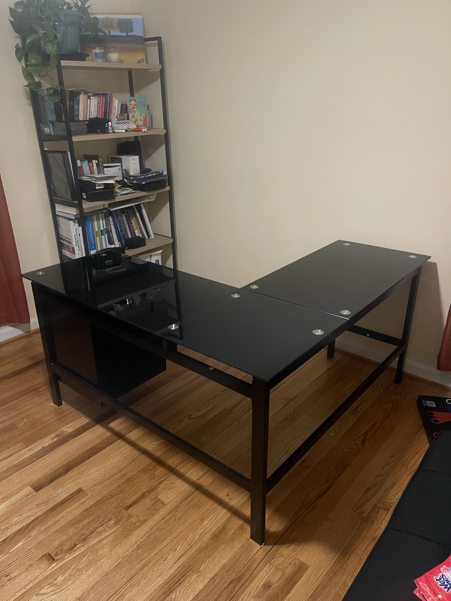 L shaped black Glass Top Desk 