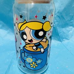Power Puff Girls Glass Libby Cup With Straw And Charmed Lid $20