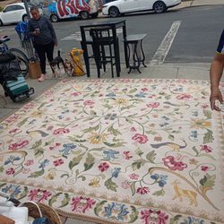 Large Portuguese needlepoint rug, 100% wool by Casa Dos Tapetes De Arraiolos with floral bird and deer 

