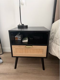 2 Modern Black Nightstands with Cane Drawer – Mid Century Style