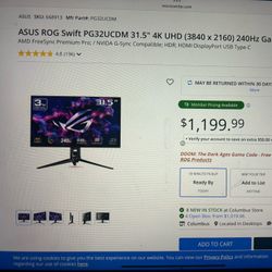 Asus Rog Swift 31.5 Inch 4k 240h Gaming Monitor 